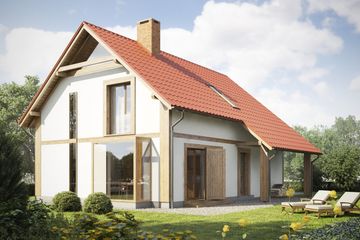 Projekt domu eko Typowy 24 - parterowy z poddaszem dom o powierzchni 146,15 m², dach dwuspadowy, koszt budowy 381 000 zł - ujęcie frontu