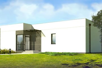 Projekt domu D193A - parterowy dom o powierzchni 88,44 m², dach płaski, koszt budowy 273 000 zł - ujęcie frontu