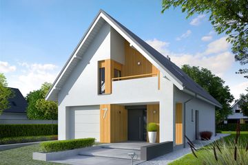 Projekt domu Riko II G1 energo - parterowy z poddaszem dom o powierzchni 134,53 m², dach dwuspadowy, koszt budowy 367 000 zł - ujęcie frontu
