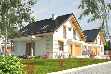 Projekt domu Nowinka z garażem i wiatą bliźniak [A1-BL1] - parterowy z poddaszem dom o powierzchni 201,60 m², dach dwuspadowy, koszt budowy 427 748 zł - ujęcie frontu
