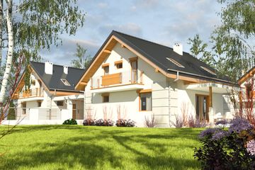 Projekt domu Nowinka z garażem i wiatą bliźniak [A1-BL1] - parterowy z poddaszem dom o powierzchni 201,60 m², dach dwuspadowy - ujęcie 2