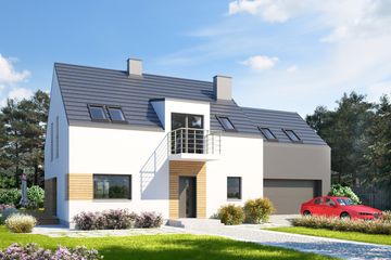 Projekt domu Eco 10 - parterowy z poddaszem dom o powierzchni 130,44 m², dach dwuspadowy, koszt budowy 355 000 zł - ujęcie frontu