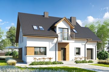 Projekt domu Eco 11 - parterowy z poddaszem dom o powierzchni 130,44 m², dach dwuspadowy, koszt budowy 346 000 zł - ujęcie frontu