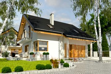 Projekt domu Nowinka IV z garażem 1-st. [A] - parterowy z poddaszem dom o powierzchni 105,30 m², dach dwuspadowy, koszt budowy 287 000 zł - ujęcie frontu