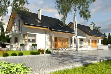 Projekt domu Nowinka IV z garażem i wiatą bliźniak [A1-BL1] - parterowy z poddaszem dom o powierzchni 210,60 m², dach dwuspadowy, koszt budowy 808 920 zł - ujęcie frontu