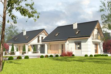 Projekt domu Nowinka III z garażem i wiatą bliźniak [A1-BL1] - parterowy z poddaszem dom o powierzchni 222,60 m², dach dwuspadowy, koszt budowy 439 962 zł - ujęcie frontu