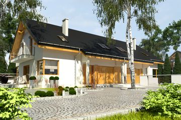 Projekt domu Nowinka IV z garażem 1-st. bliźniak [A-BL1] - parterowy z poddaszem dom o powierzchni 210,60 m², dach dwuspadowy, koszt budowy 808 920 zł - ujęcie frontu