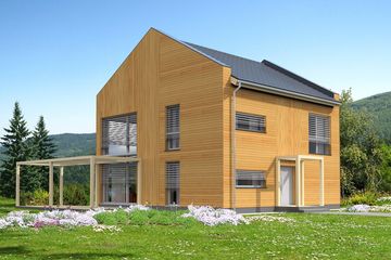 Projekt domu Koge II DCP402a - z pełnym piętrem dom o powierzchni 137,52 m², dach dwuspadowy, koszt budowy 355 000 zł - ujęcie frontu