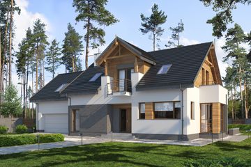 Projekt domu E-196 - parterowy z poddaszem dom o powierzchni 171,80 m², dach dwuspadowy, koszt budowy 466 000 zł - ujęcie frontu