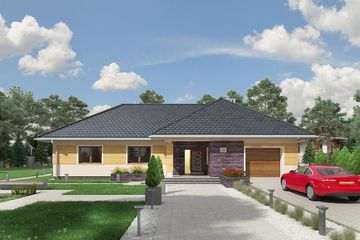 Projekt domu Tymoteusz (1587) - parterowy dom o powierzchni 142,50 m², dach czterospadowy, koszt budowy 430 000 zł - ujęcie frontu