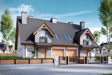 Projekt domu Sambor G1 (bliźniak) - parterowy z poddaszem dom o powierzchni 111,49 m², dach dwuspadowy, koszt budowy 253 936 zł - ujęcie frontu