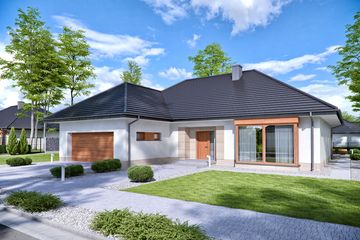 Projekt domu Domena 115 B - parterowy dom o powierzchni 175,63 m², dach czterospadowy, koszt budowy 589 000 zł - ujęcie frontu