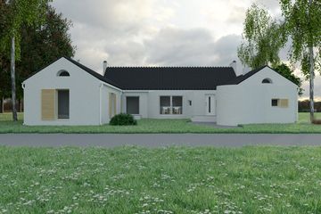 Projekt domu Kamp 3 - parterowy dom o powierzchni 176,96 m², dach dwuspadowy, koszt budowy 282 671 zł - ujęcie frontu