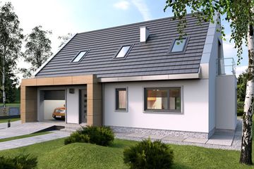 Projekt domu Victor bw - parterowy z poddaszem dom o powierzchni 129,90 m², dach dwuspadowy, koszt budowy 356 000 zł - ujęcie frontu