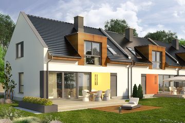 Projekt domu Aviator 5 - parterowy z poddaszem dom o powierzchni 140,40 m², dach dwuspadowy, koszt budowy 245 981 zł - ujęcie frontu