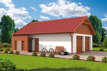 Projekt budynku gospodarczego G286 szkielet drewniany budynek gospodarczy - parterowy dom o powierzchni 66,89 m², dach dwuspadowy, koszt budowy 41 097 zł - ujęcie frontu