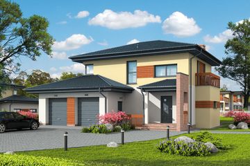 Projekt domu Brunei szkielet drewniany - z pełnym piętrem dom o powierzchni 171,93 m², dach kopertowy, koszt budowy 316 902 zł - ujęcie frontu