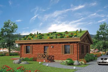 Projekt domu El Pinar szkielet drewniany - parterowy dom o powierzchni 79,69 m², dach dwuspadowy, koszt budowy 175 446 zł - ujęcie frontu