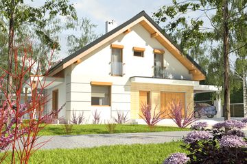 Projekt domu Nowinka V z garażem i wiatą [A1] - parterowy z poddaszem dom o powierzchni 101,40 m², dach dwuspadowy, koszt budowy 274 000 zł - ujęcie frontu