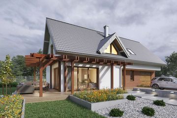 Projekt domu Tokio VII DCP190f - parterowy z poddaszem dom o powierzchni 151,45 m², dach dwuspadowy, koszt budowy 401 000 zł - ujęcie frontu