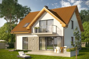 Projekt domu Riva - parterowy z poddaszem dom o powierzchni 144,90 m², dach dwuspadowy, koszt budowy 253 865 zł - ujęcie frontu