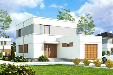Projekt domu Egon II z garażem 1-st. [A] - z pełnym piętrem dom o powierzchni 95 m², dach płaski, koszt budowy 258 000 zł - ujęcie frontu