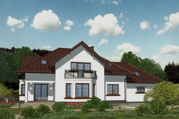 Projekt domu APS 089 + 2G - parterowy z poddaszem dom o powierzchni 206,90 m², dach kopertowy - ujęcie 2