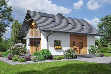 Projekt domu Bronowice 1m - parterowy z poddaszem dom o powierzchni 112,82 m², dach dwuspadowy, koszt budowy 288 000 zł - ujęcie frontu
