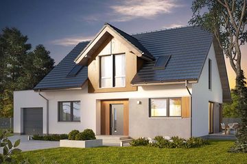 Projekt domu Fikus - parterowy z poddaszem dom o powierzchni 145,50 m², dach dwuspadowy, koszt budowy 389 000 zł - ujęcie frontu