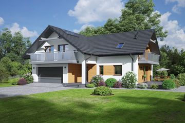 Projekt domu Kasztanowo 1mg - parterowy z poddaszem dom o powierzchni 169,04 m², dach wielospadowy, koszt budowy 449 000 zł - ujęcie frontu