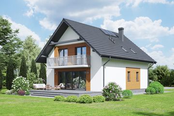 Projekt domu Grochowice 1m - parterowy z poddaszem dom o powierzchni 132,98 m², dach dwuspadowy, koszt budowy 342 000 zł - ujęcie frontu