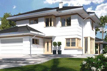 Projekt domu Carmen Magdalena CT - z pełnym piętrem dom o powierzchni 171,20 m², dach wielospadowy, koszt budowy 406 000 zł - ujęcie frontu