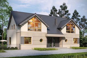 Projekt domu Maxima Nova 1 - parterowy z poddaszem dom o powierzchni 157 m², dach dwuspadowy, koszt budowy 275 064 zł - ujęcie frontu