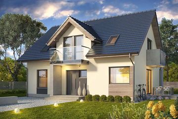 Projekt domu Melba 2 - parterowy z poddaszem dom o powierzchni 151,20 m², dach dwuspadowy, koszt budowy 264 902 zł - ujęcie frontu