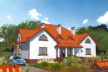 Projekt domu APS 025 - parterowy z poddaszem dom o powierzchni 172,60 m², dach kopertowy - ujęcie frontu