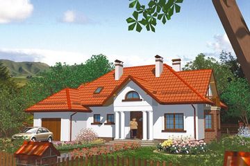 Projekt domu APS 047 - parterowy z poddaszem dom o powierzchni 209,80 m², dach czterospadowy, koszt budowy 547 000 zł - ujęcie frontu