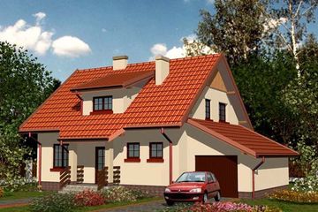 Projekt domu APS 032 + G - parterowy z poddaszem dom o powierzchni 130,90 m², dach dwuspadowy, koszt budowy 343 000 zł - ujęcie frontu