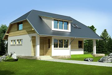 Projekt domu ND-3 - parterowy z poddaszem dom o powierzchni 141,70 m², dach naczółkowy - ujęcie frontu