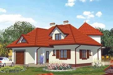 Projekt domu APS 084 - parterowy z poddaszem dom o powierzchni 176,60 m², dach czterospadowy, koszt budowy 470 000 zł - ujęcie frontu