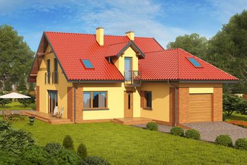 Projekt domu w Alabamie - parterowy z poddaszem dom o powierzchni 118,48 m², dach dwuspadowy - ujęcie frontu