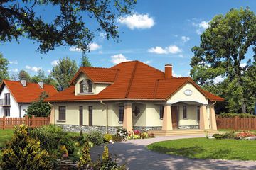 Projekt domu CA-002 - parterowy z poddaszem dom o powierzchni 120 m², dach kopertowy - ujęcie frontu