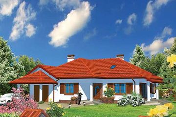 Projekt domu APS 144 - parterowy dom o powierzchni 115 m², dach kopertowy, koszt budowy 343 000 zł - ujęcie frontu