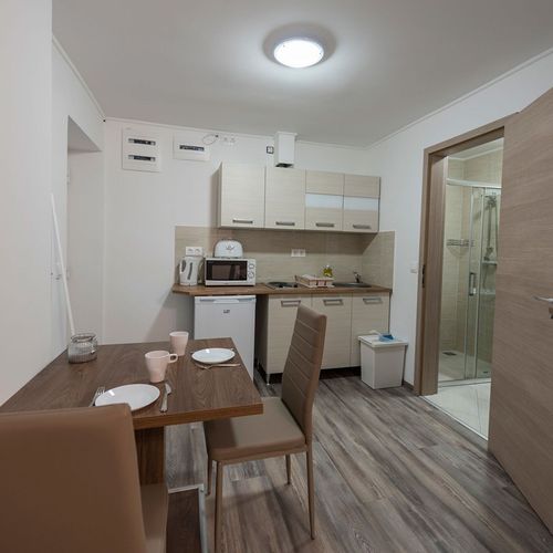 Apartament la parter cu terasă cu 1 camera pentru 2 pers. (se poate solicita pat suplimentar)
