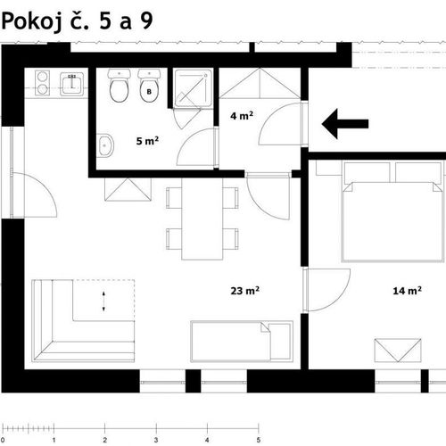 Apartman se sprchou s vlastní kuchyňkou pro 5 os. (s možností přistýlky)