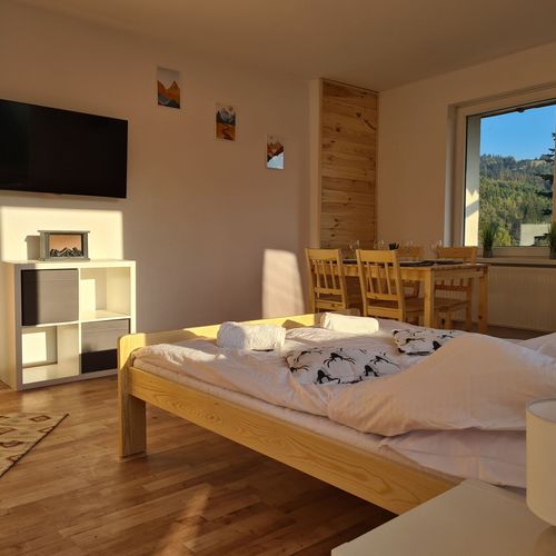 Apartament la etaj cu vedere spre munte cu 2 camere pentru 4 pers. (se poate solicita pat suplimentar)