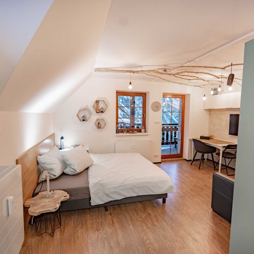 Studio Apartman s vlastní malou kuchyňkou s manželskou postelí s 1 ložnicí (s možností přistýlky)
