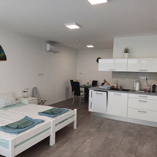 Apartament la parter cu aer condiționat cu 1 camera pentru 3 pers.