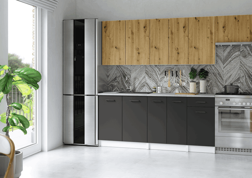 zestaw mebli kuchennych z ciemnymi dolnymi szafkami