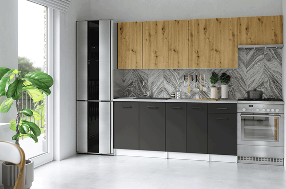 zestaw mebli kuchennych z ciemnymi dolnymi szafkami