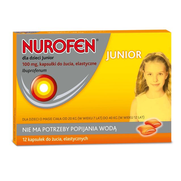  Nurofen dla dzieci Junior,  Ibuprofenum, 100 mg, kapsułki do żucia, elastyczne